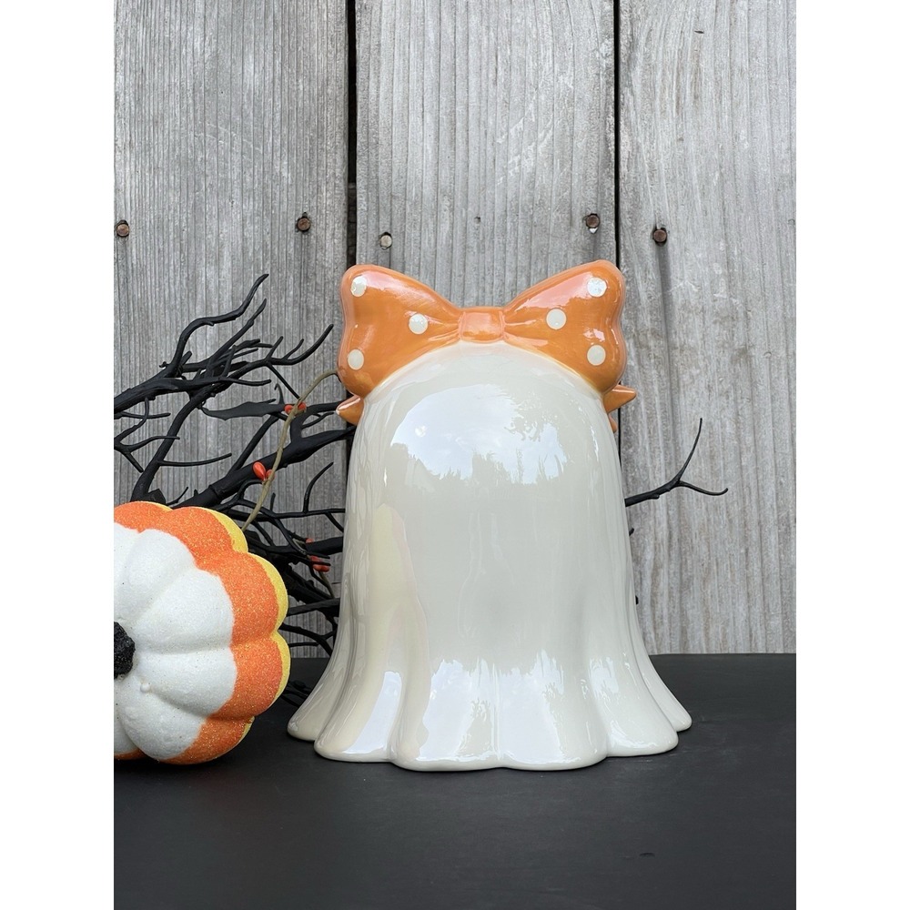 Viral Ghost With Orange & White Polka Dot Bow Halloween Figurine 7.5 X 6" NEW - Picture 4 of 7